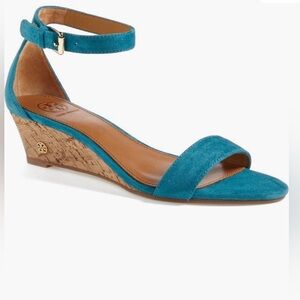Tory Burch Savannah Teal Suede Cork Wedges